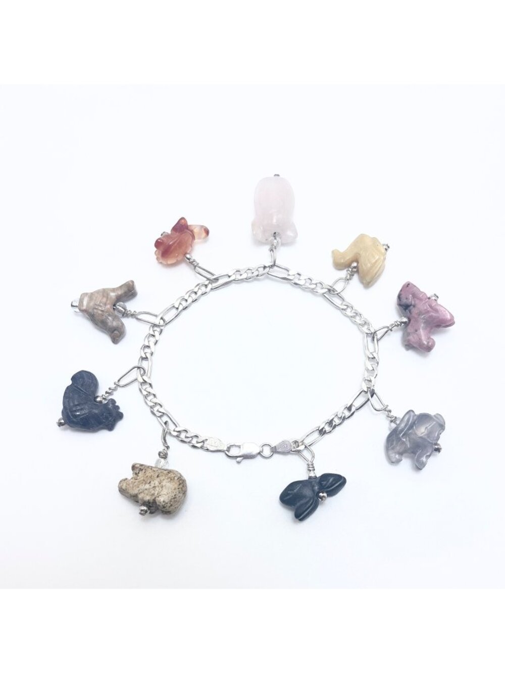 Carved Natural Gemstone Animal Charm Bracelet 925 Sterling Silver 7.5" Length